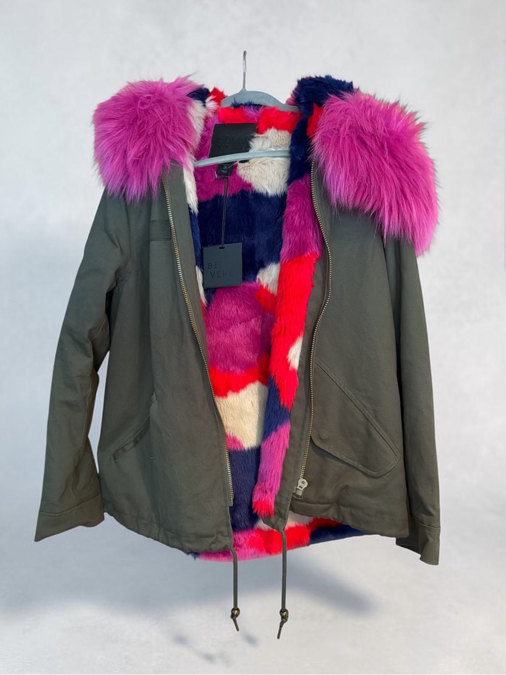 Women’s Olive Utility Jacket with Pink Faux-Fur Hood and Multicolor Lining NWT
